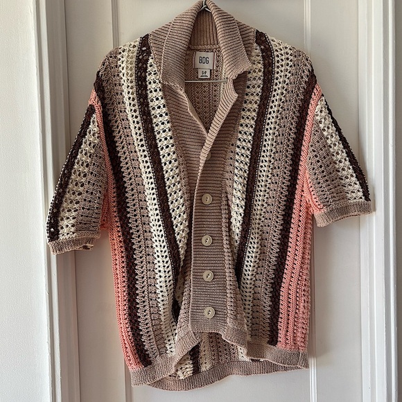 BDG Brown Pink White Striped Button-Down Short Sleeve Polo Sweater - Picture 1 of 7